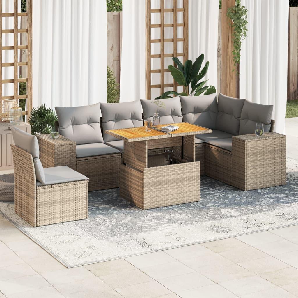 Sofasæt til haven i polyrattan - 7 dele med hynder, beige