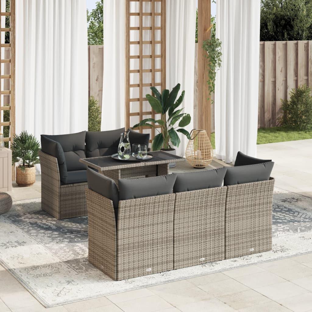Havesofasæt i polyrattan - 6 dele med hynder, grå