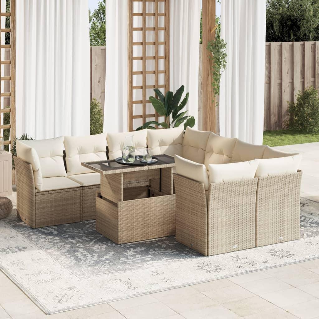 Sofasæt til haven 9 dele med hynder polyrattan beige