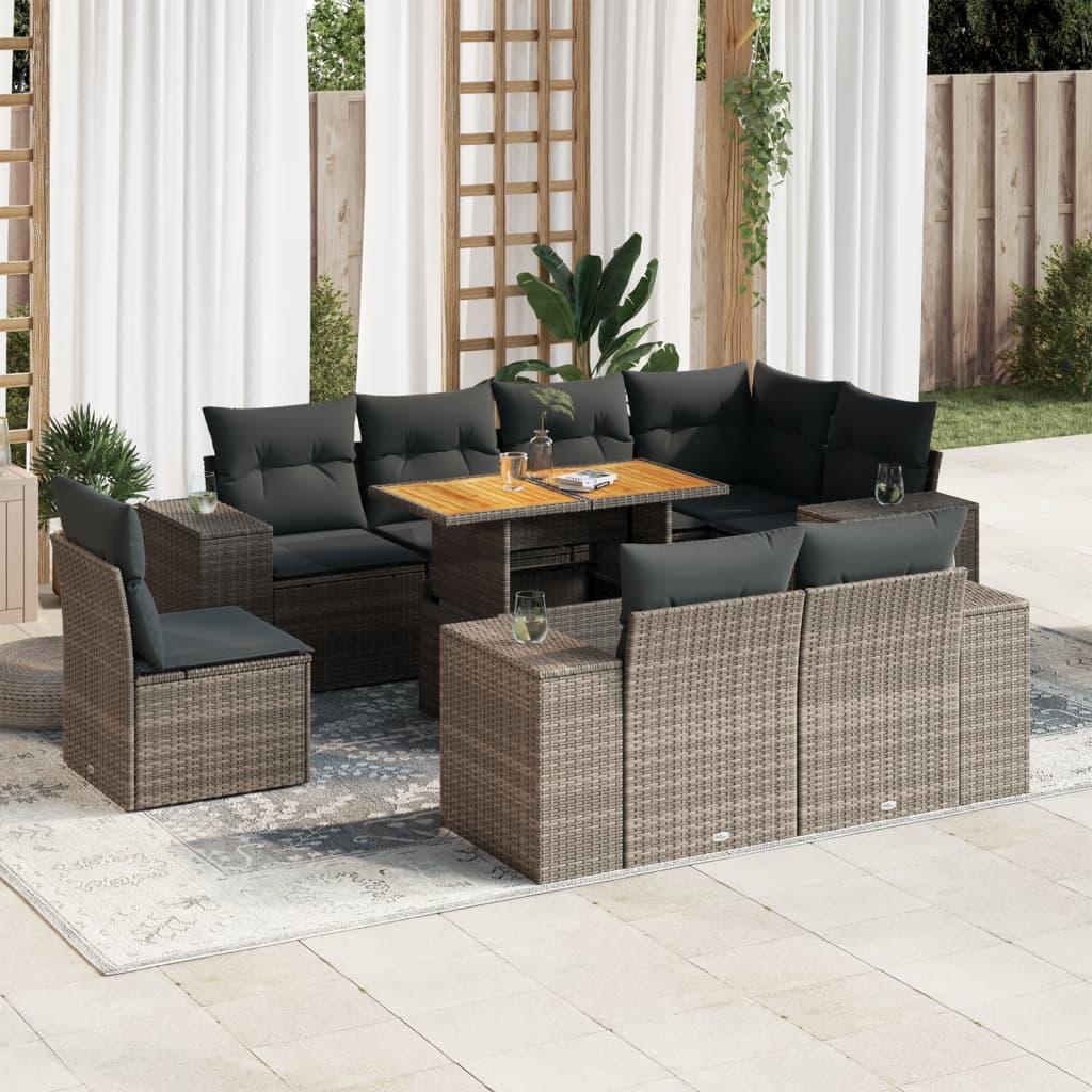 Sofasæt til haven 9 dele med hynder i polyrattan - grå