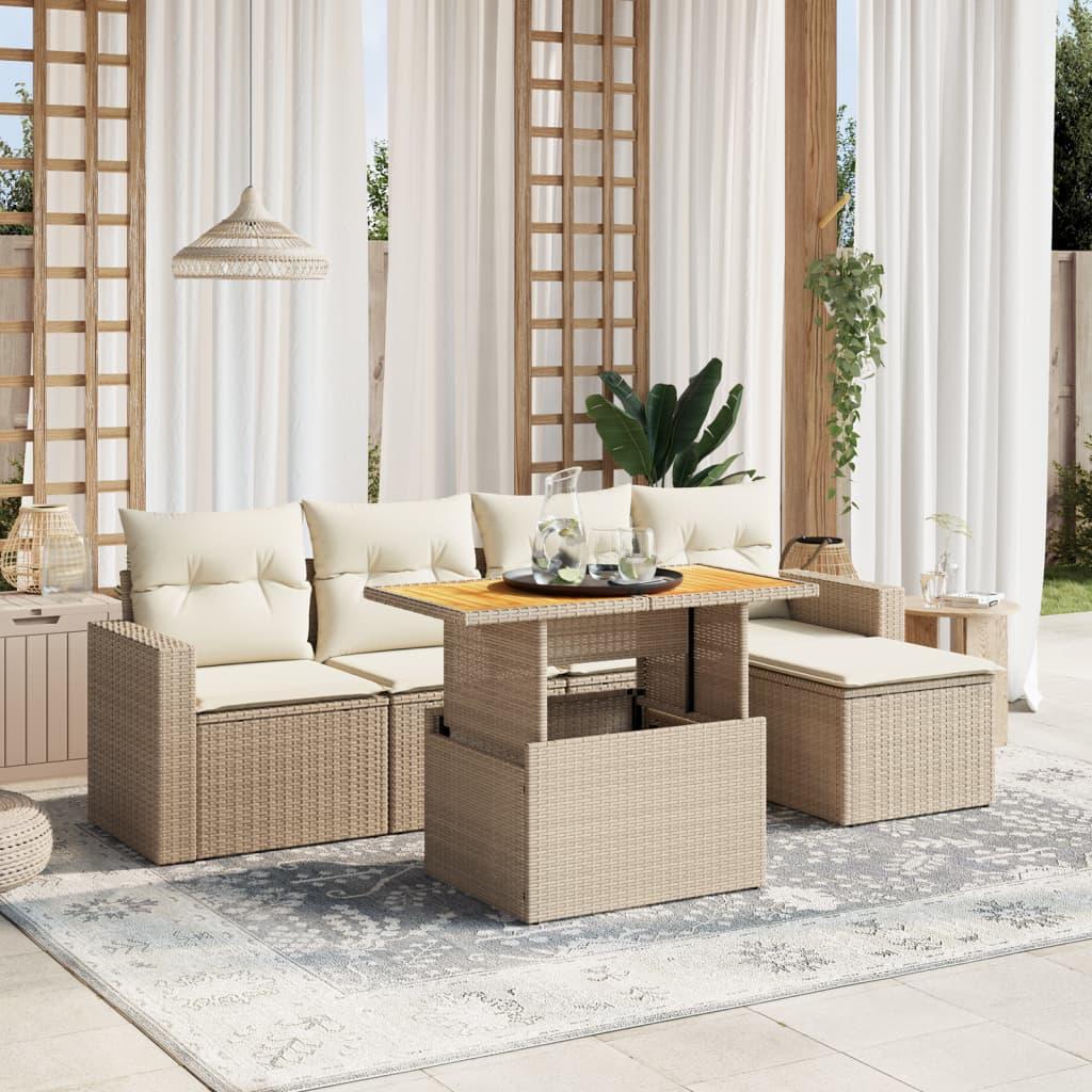 Sofasæt til haven 6 dele med hynder i polyrattan beige