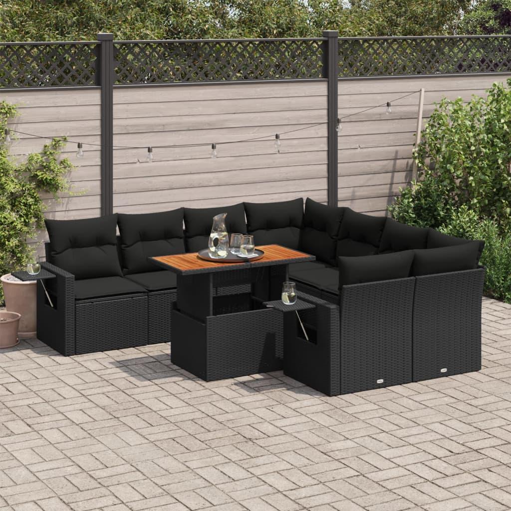 Sofasæt til haven i polyrattan - 9 dele med hynder, sort