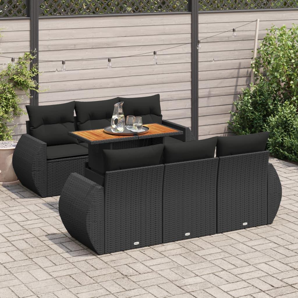 Sofasæt til haven i polyrattan - 7 dele med hynder, sort