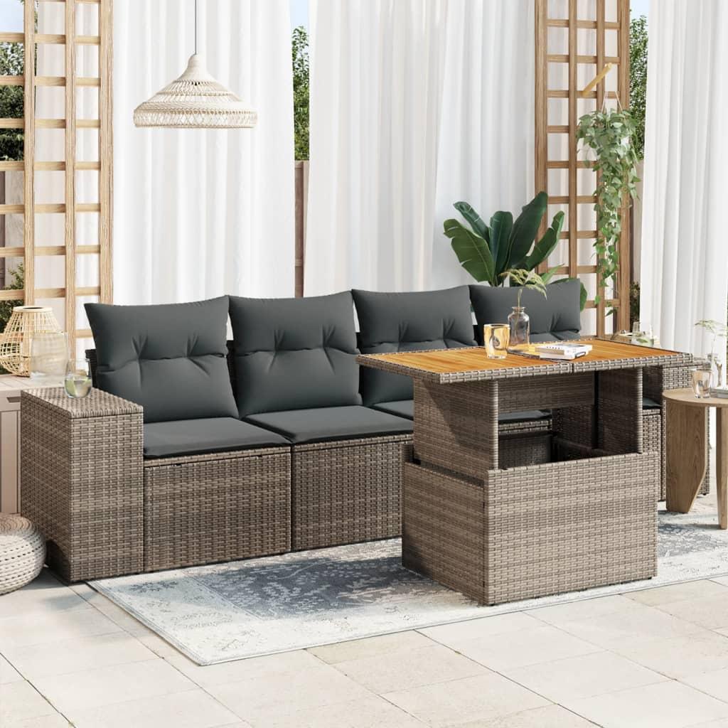 Sofasæt 5 dele med hynder polyrattan grå
