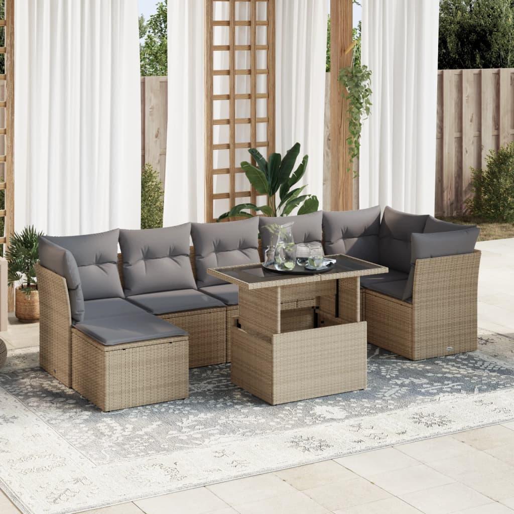 Havesofasæt i polyrattan, 8 dele med hynder - beige billede