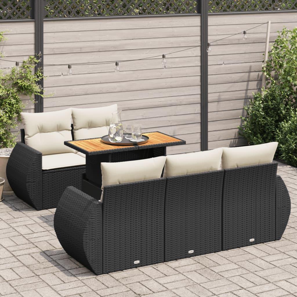 Havesofasæt i polyrattan - 6 dele med hynder, sort