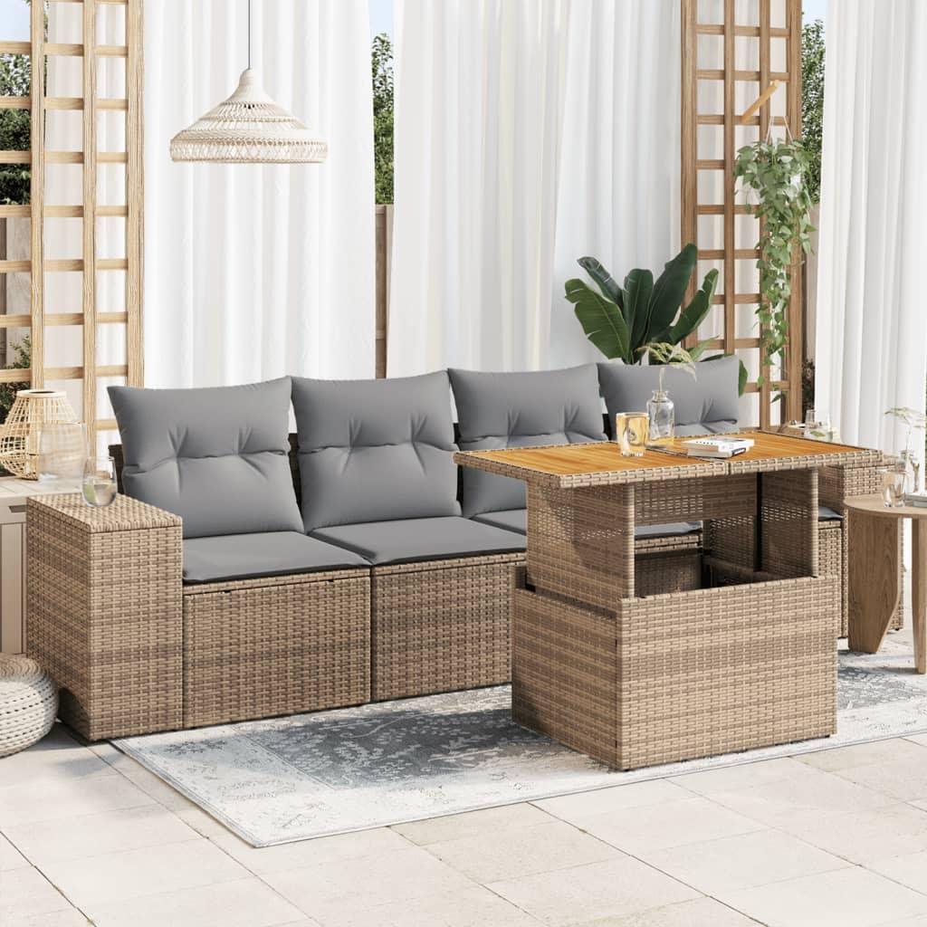 Sofasæt til haven 5 dele med hynder polyrattan beige