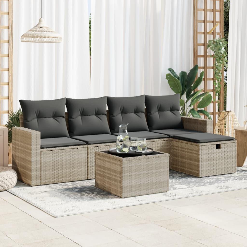 Sofasæt til haven 6 dele med hynder polyrattan lysegrå
