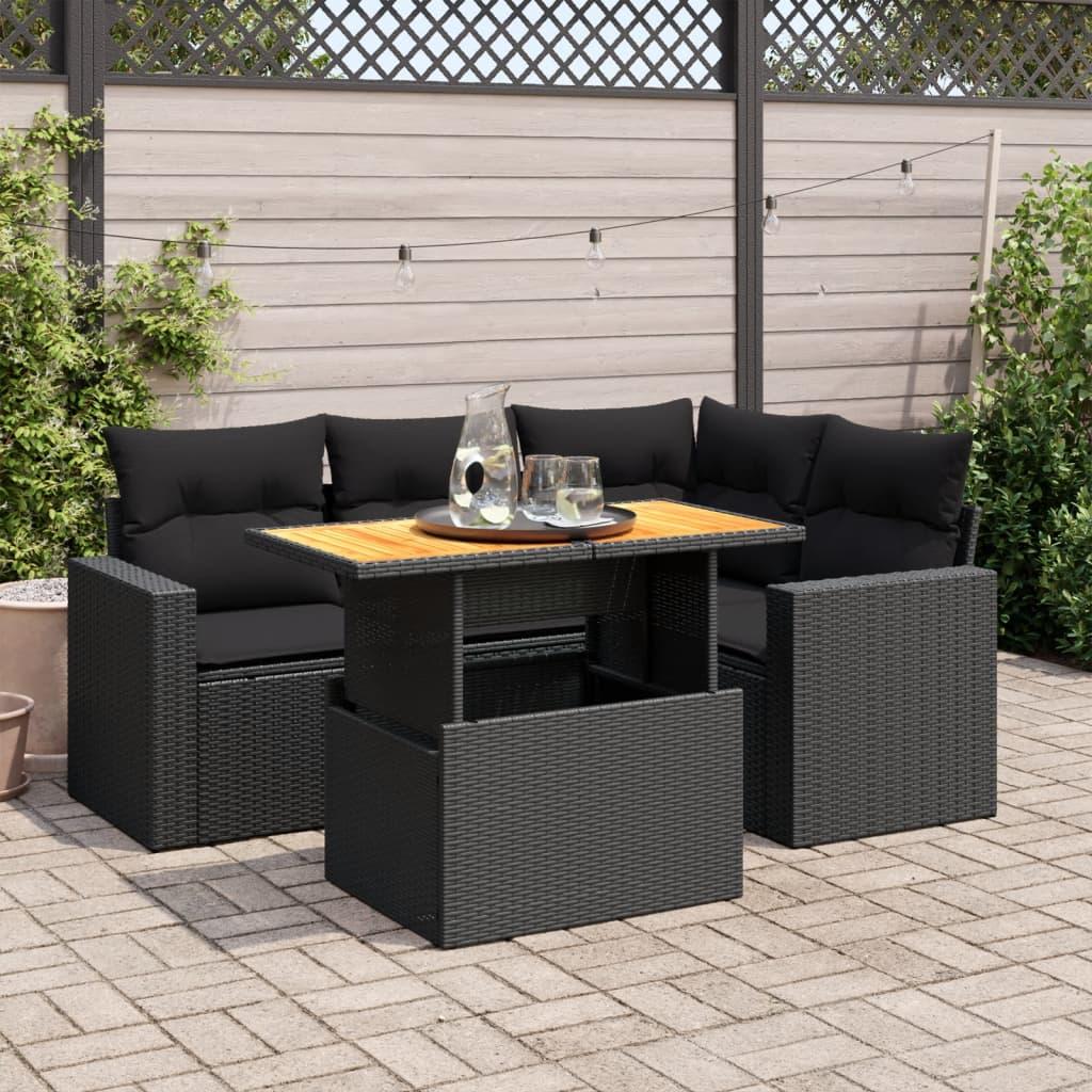 Sofasæt til haven i polyrattan - 5 dele med hynder, sort