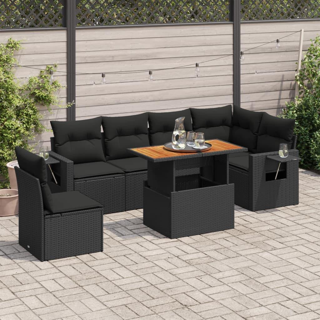 Sofasæt til haven i polyrattan - 7 dele med hynder, sort