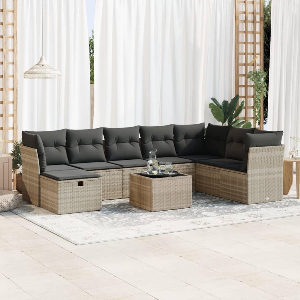 Sofasæt til haven 9 dele med hynder polyrattan lysegrå