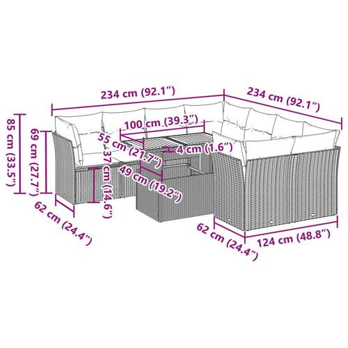 Sofasæt til haven 9 dele med hynder polyrattan beige