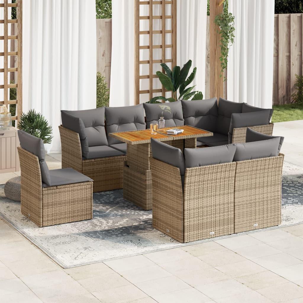 Havesofasæt i polyrattan, 9 dele med hynder - beige billede