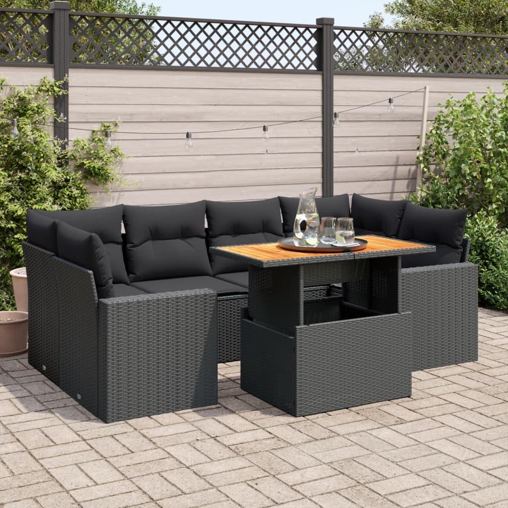Sofasæt til haven i polyrattan - 7 dele med hynder, sort