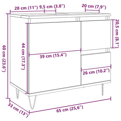 Underskab til badeværelse 65x33x60 cm konstrueret træ kunsteg
