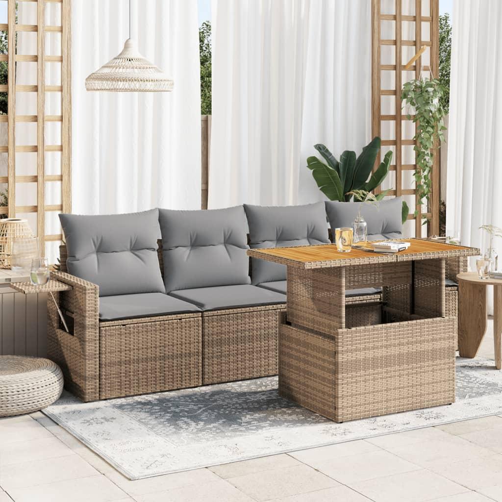 Sofasæt til haven 5 dele med hynder polyrattan beige