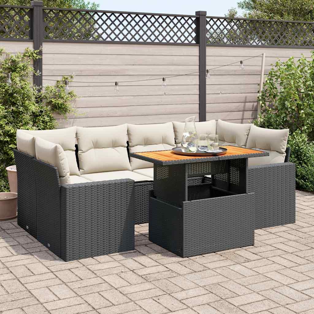 Havesofasæt i polyrattan - 7 dele med hynder, sort