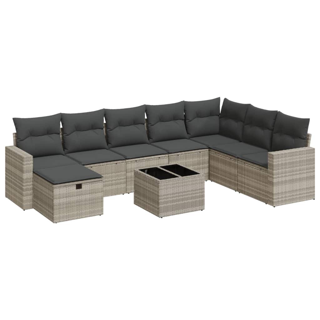 Sofasæt til haven 9 dele med hynder polyrattan lysegrå
