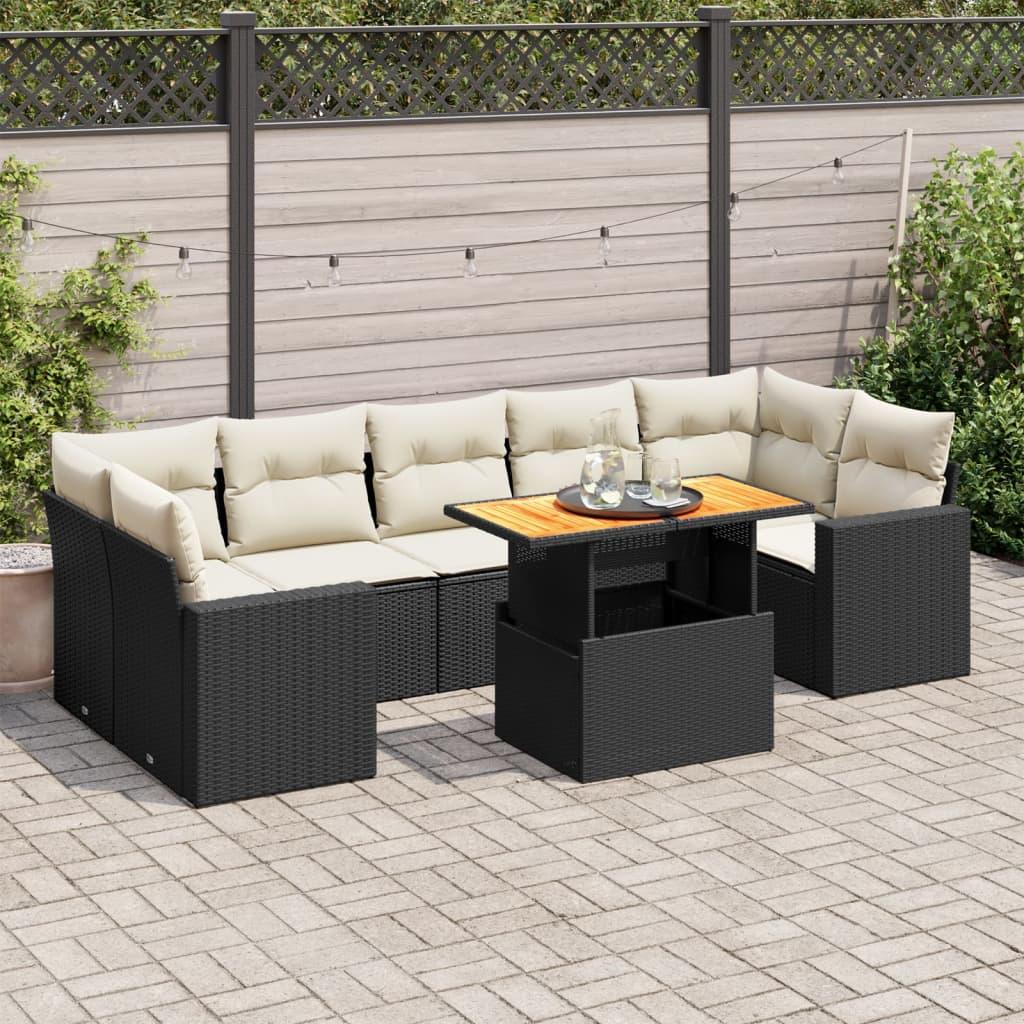 Sofasæt til haven i polyrattan - 8 dele med hynder, sort