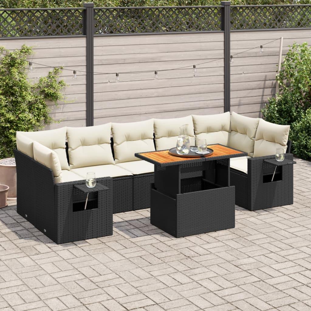 Havesofasæt i polyrattan - 8 dele med hynder, sort