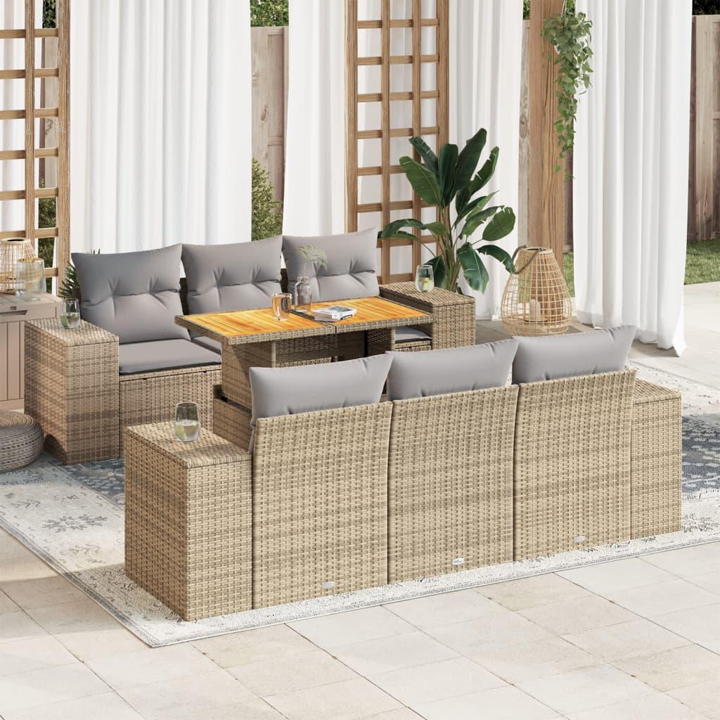 Havesofasæt i polyrattan, 7 dele med hynder - beige