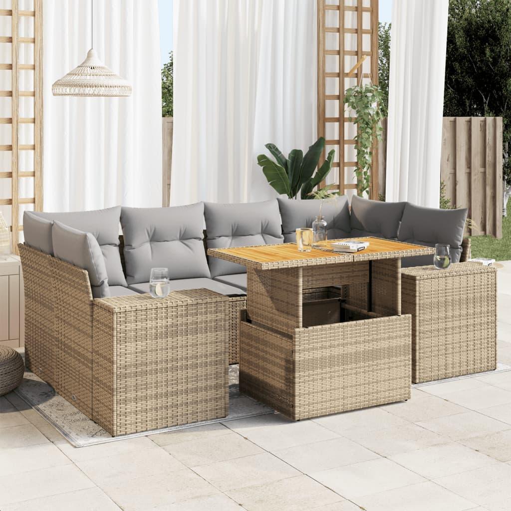 Sofasæt til haven i polyrattan - 7 dele med hynder, beige