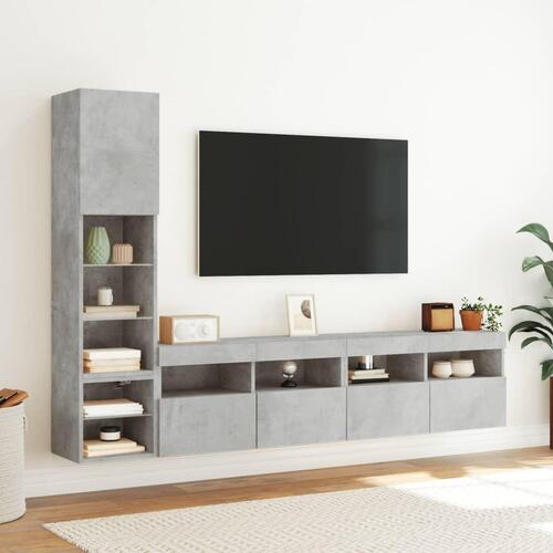 Tv-møbel til væg 4 dele med LED-lys konstrueret træ betongrå