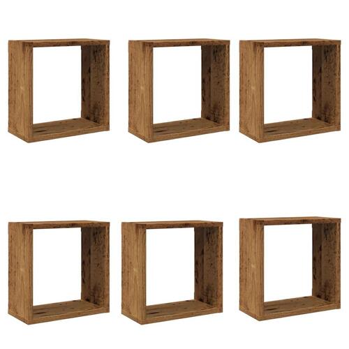 Væghylder 6 stk. 30x15x30 cm kubeformet antikt trælook