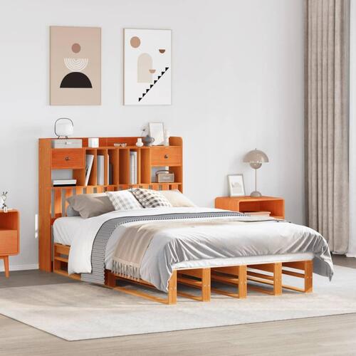 Seng med reol uden madras 135x190cm massivt fyrretræ gyldenbrun