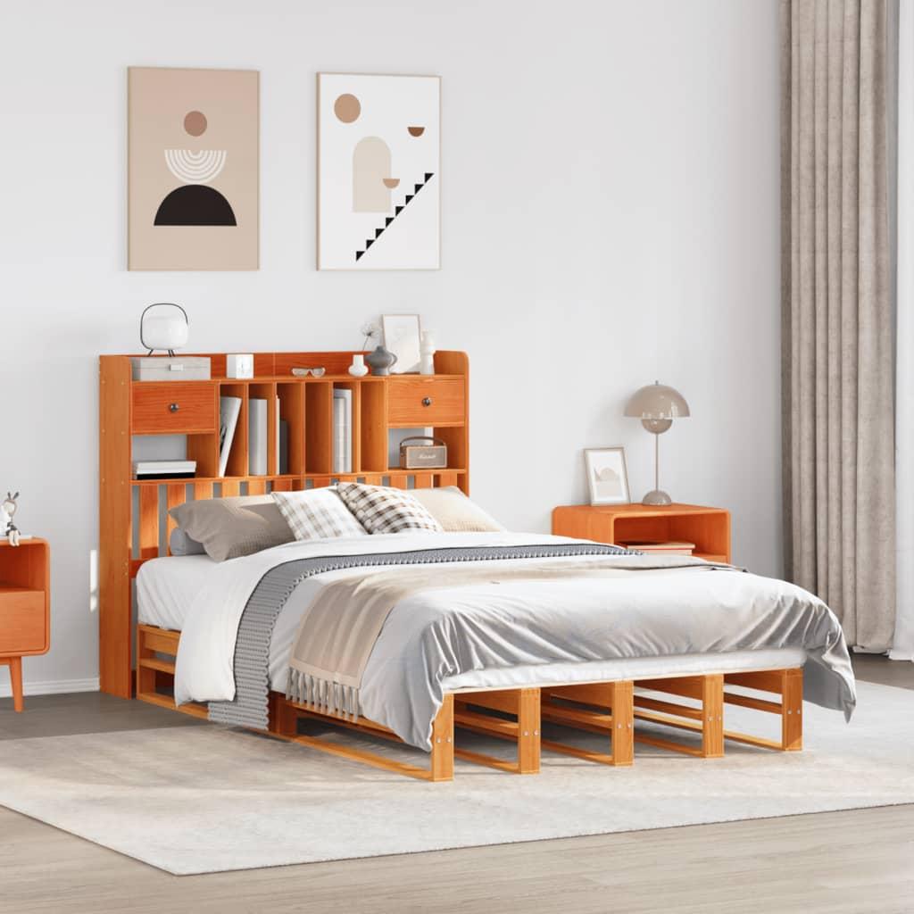 Seng med reol uden madras 135x190cm massivt fyrretræ gyldenbrun