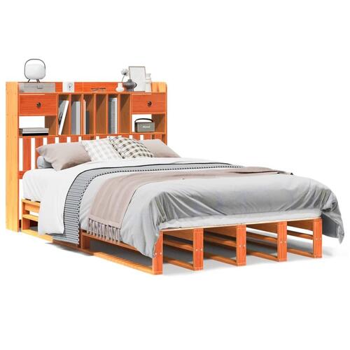 Seng med reol uden madras 135x190cm massivt fyrretræ gyldenbrun