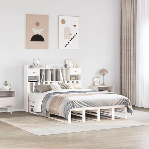 Seng med reol uden madras 140x190 cm massivt fyrretræ hvid