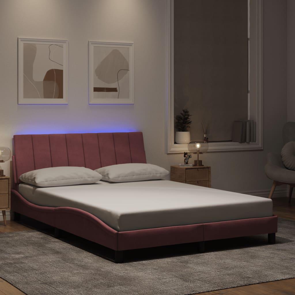 Sengeramme med LED-lys 140x200 cm velour pink