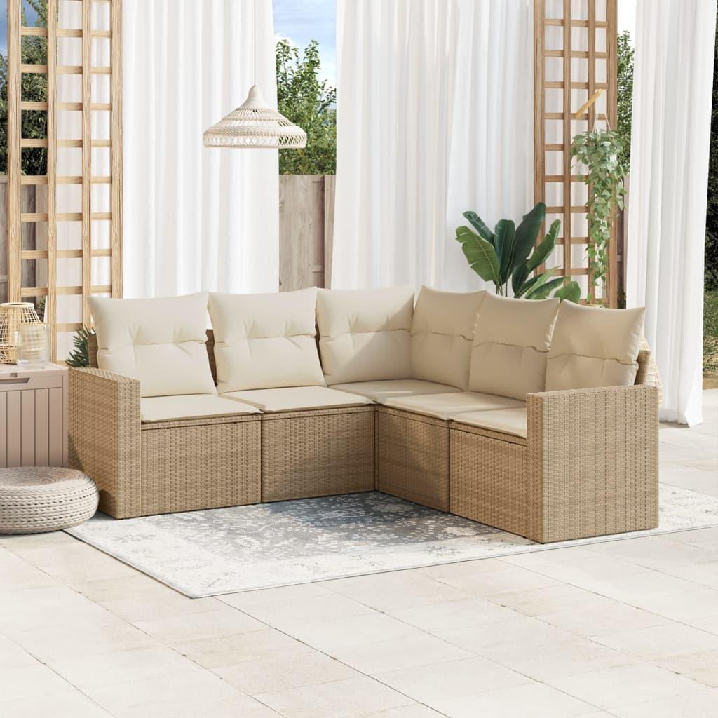 Sofasæt til haven 5 dele med hynder i polyrattan beige