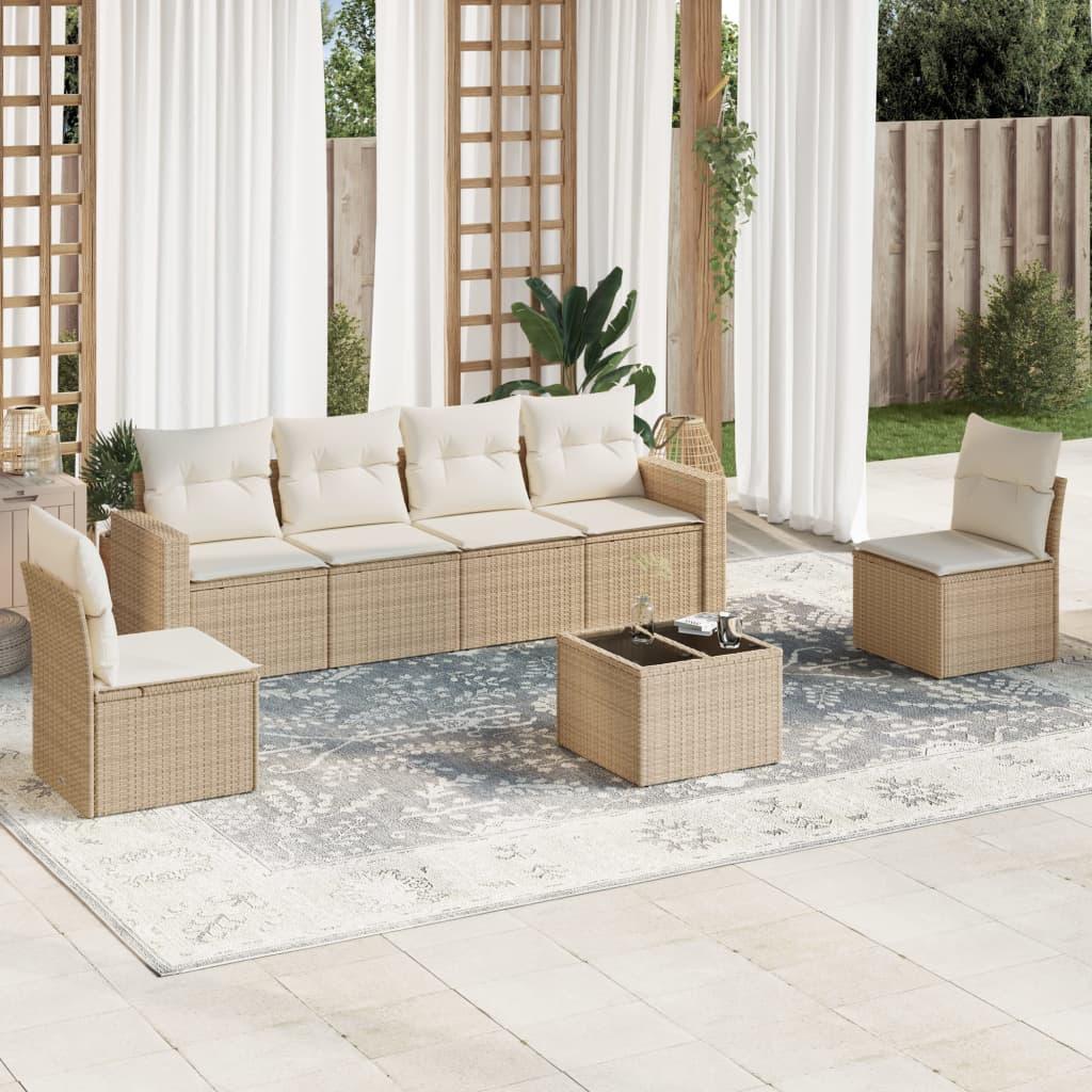 Sofasæt til haven i polyrattan - 7 dele med hynder, beige