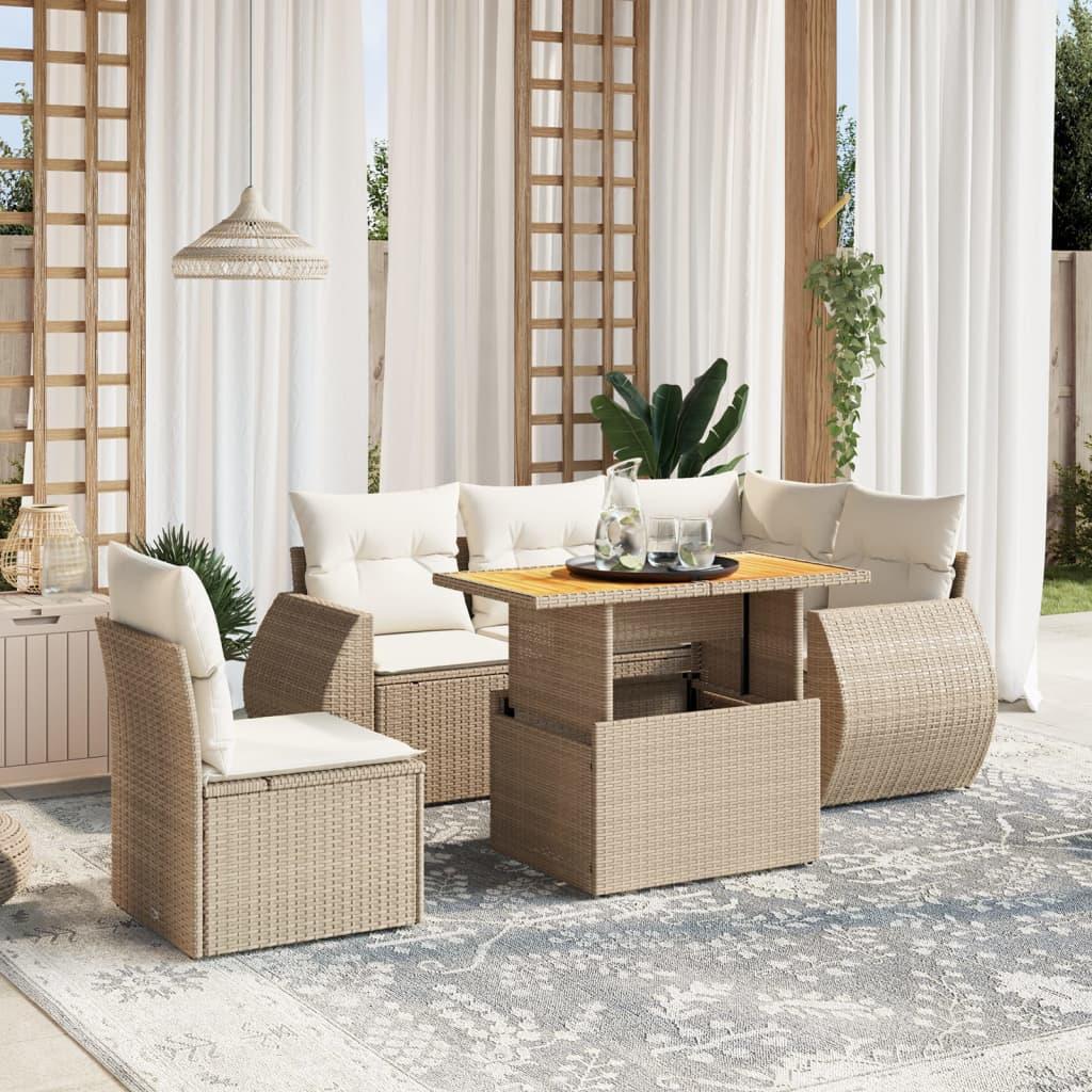 Sofasæt til haven 6 dele i polyrattan med hynder og hæve-sænke bord - beige billede