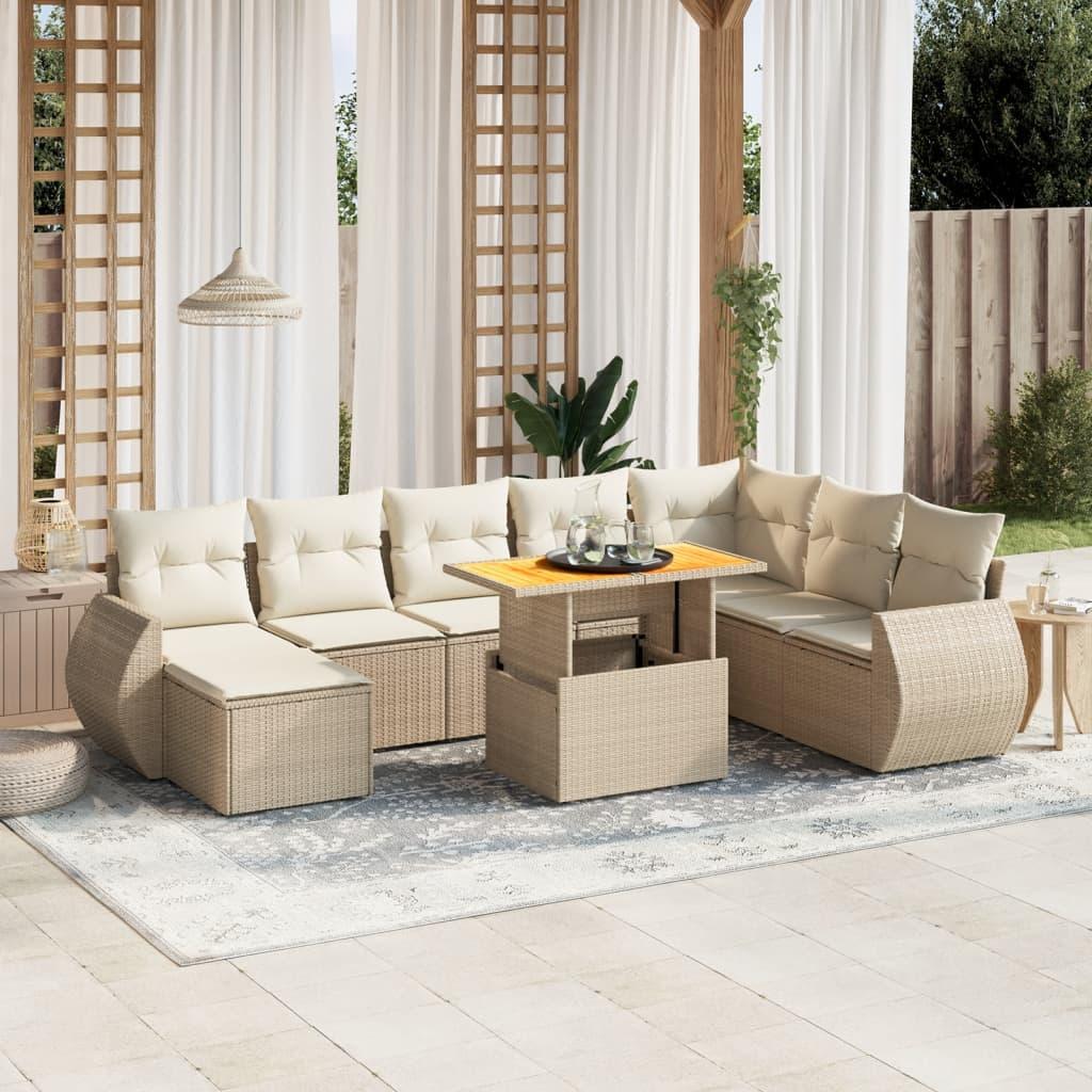 Sofasæt til haven i polyrattan - 9 dele med hynder, beige