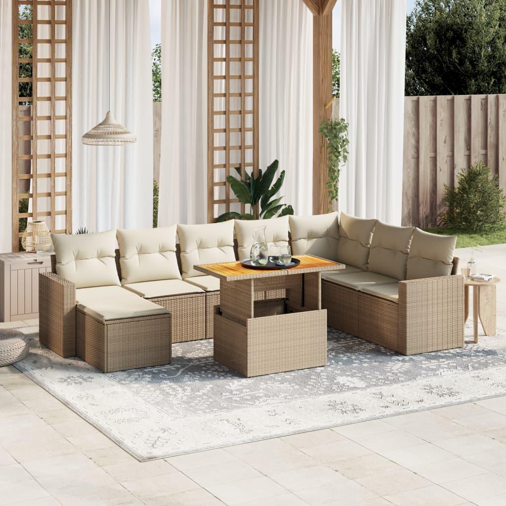 Sofasæt til haven i polyrattan - 9 dele med hynder, beige
