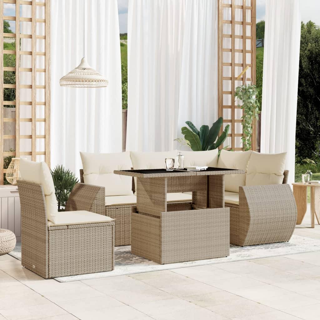 Havesofasæt 6 dele med hynder i polyrattan beige