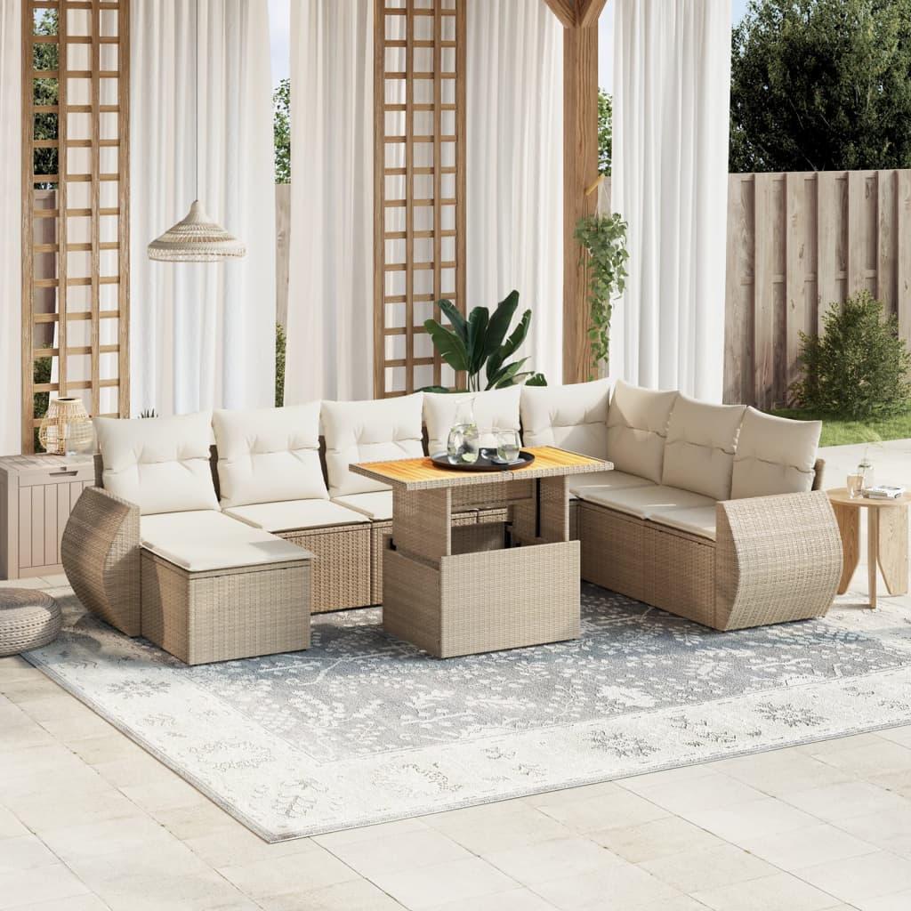Sofasæt til haven i polyrattan - 9 dele med hynder, beige