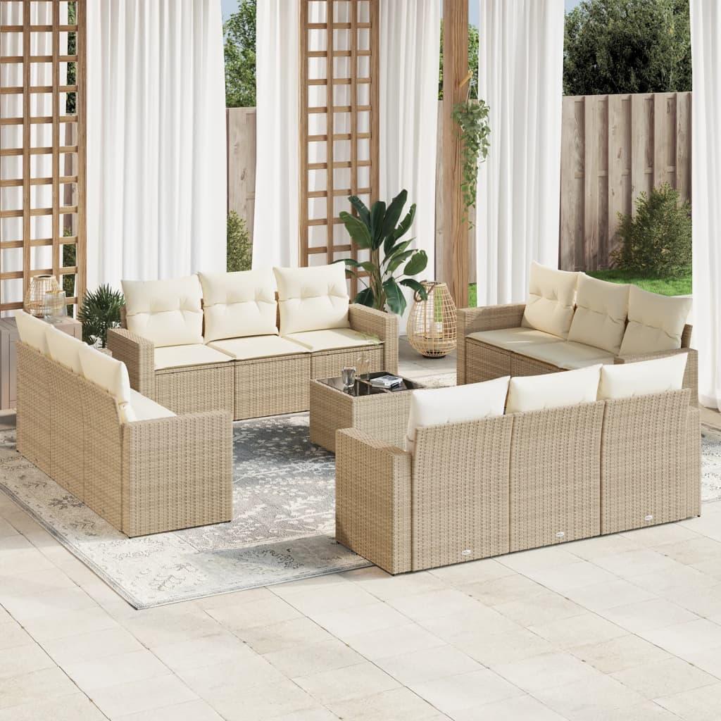 Sofasæt til haven i polyrattan, 13 dele med hynder - beige