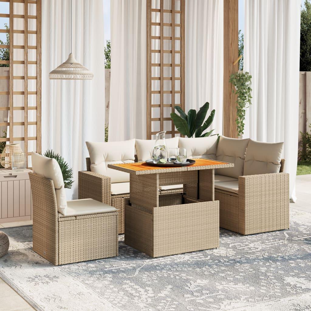 Sofasæt til haven 6 dele med hynder polyrattan beige
