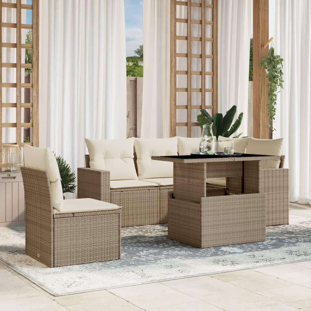 Havesofasæt 6 dele med hynder i polyrattan beige