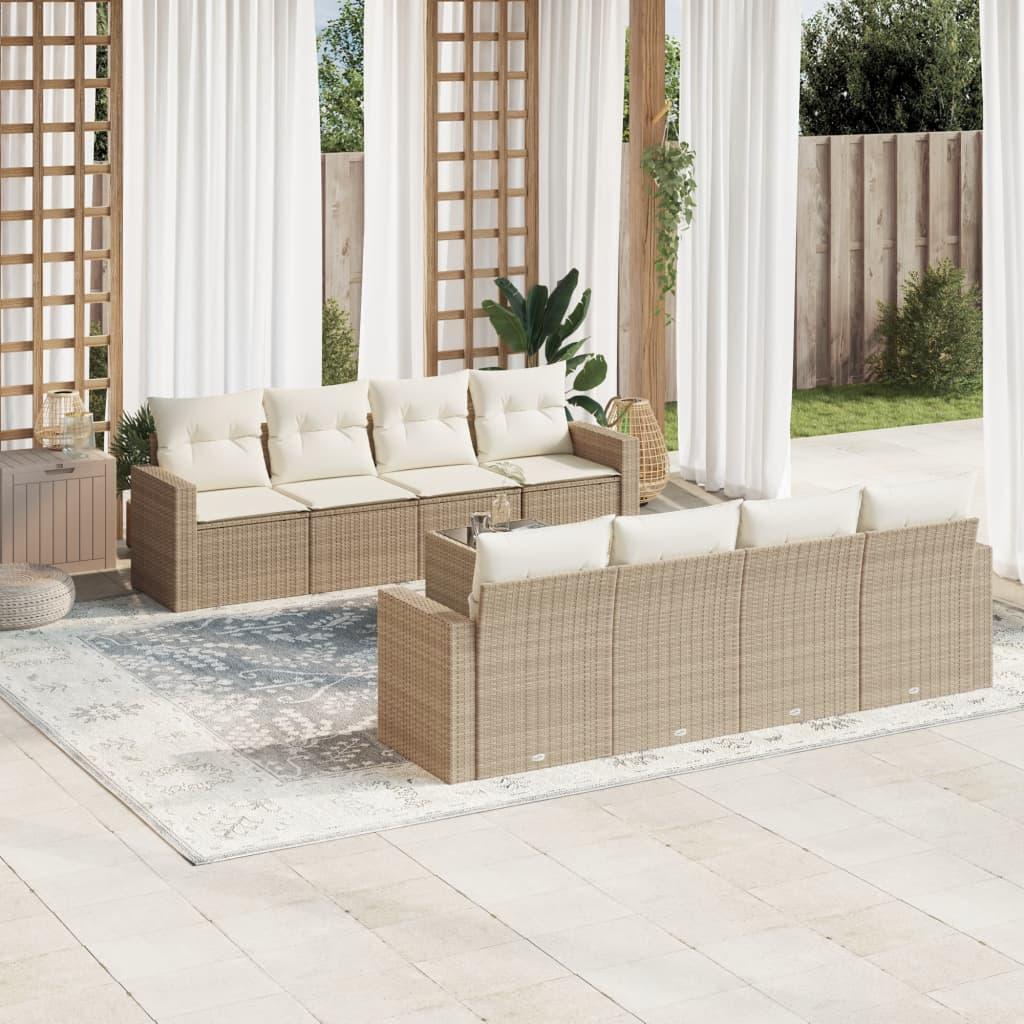 Sofasæt til haven i polyrattan - 9 dele med hynder, beige