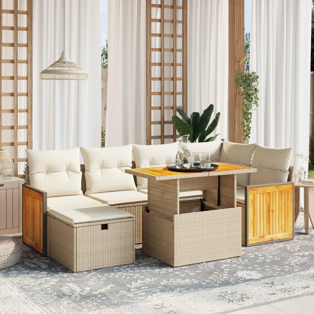 Havesofasæt 7 dele med hynder i polyrattan beige