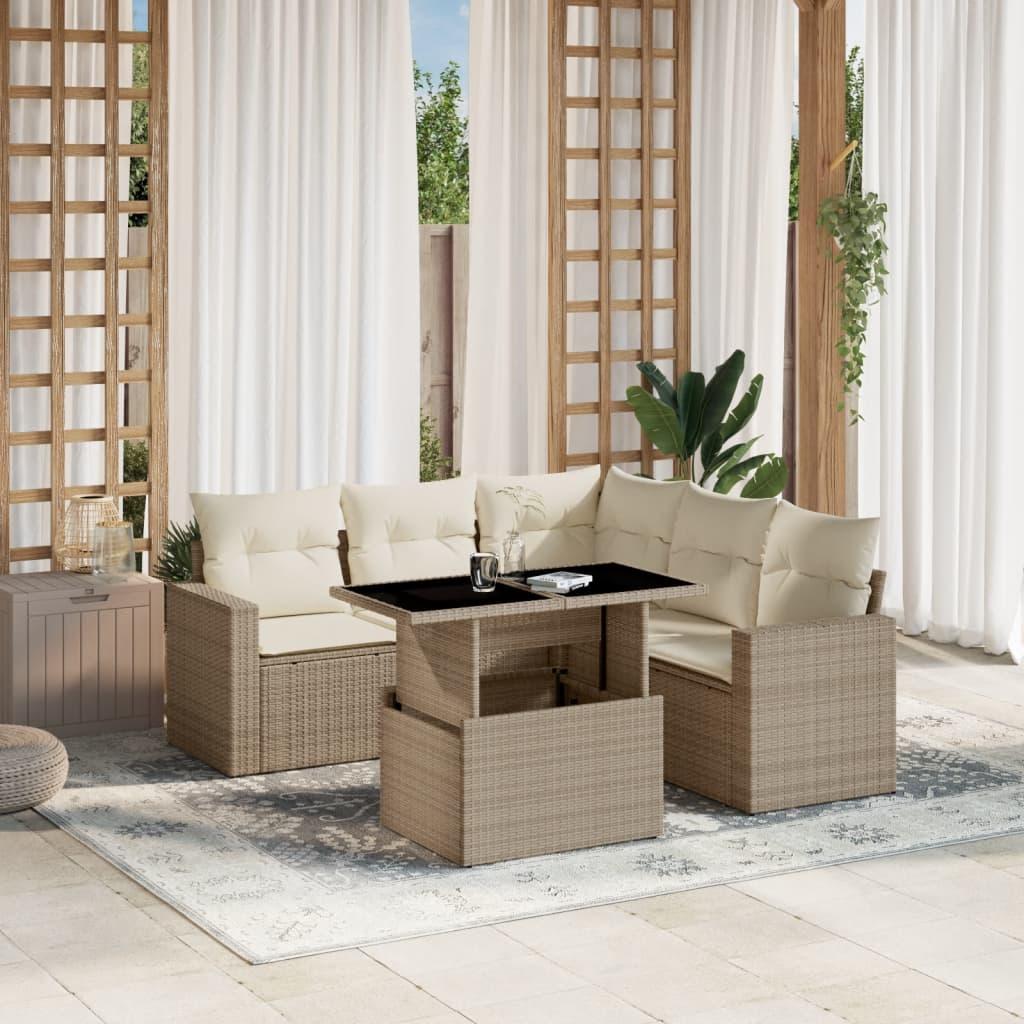 Havesofasæt 6 dele med hynder i polyrattan beige