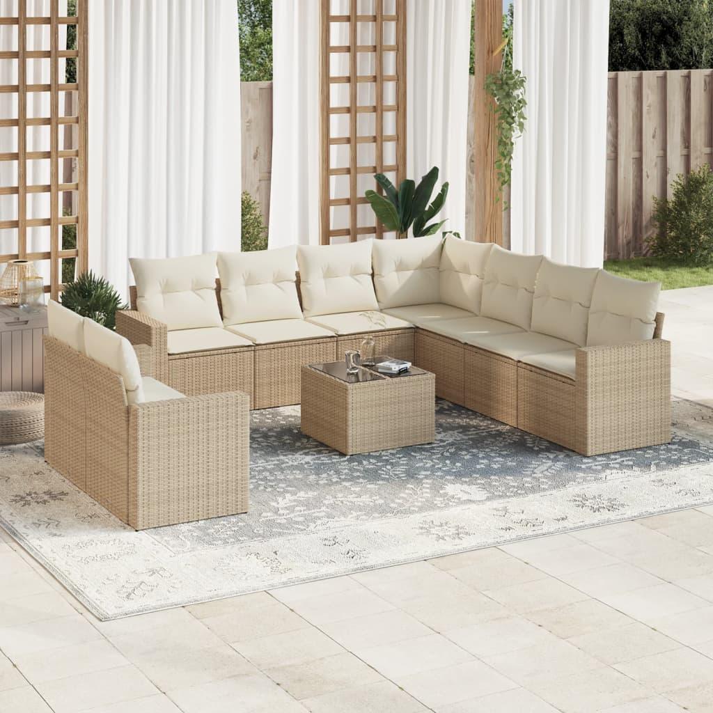 Sofasæt til haven i polyrattan - 10 dele med hynder, beige