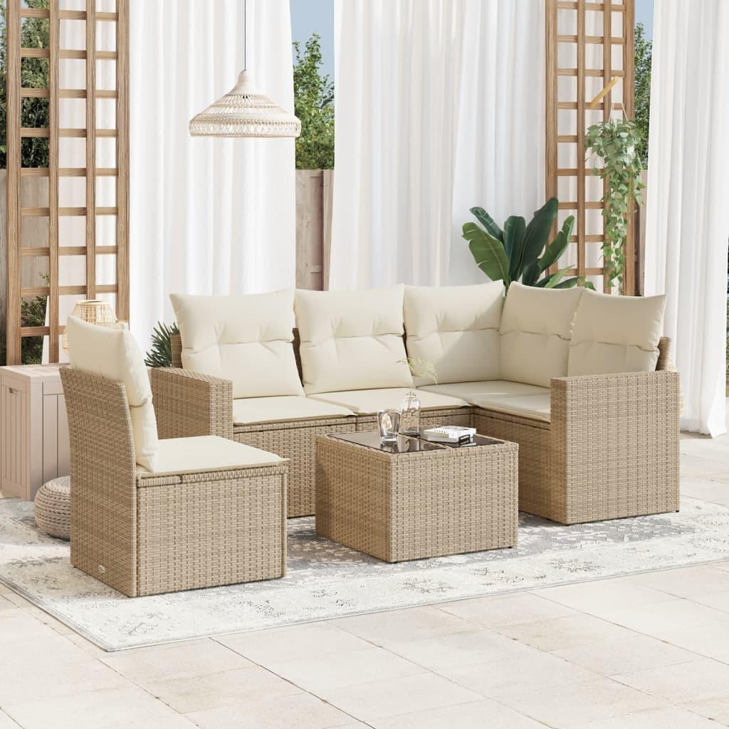 Sofasæt til haven 6 dele med hynder i polyrattan beige