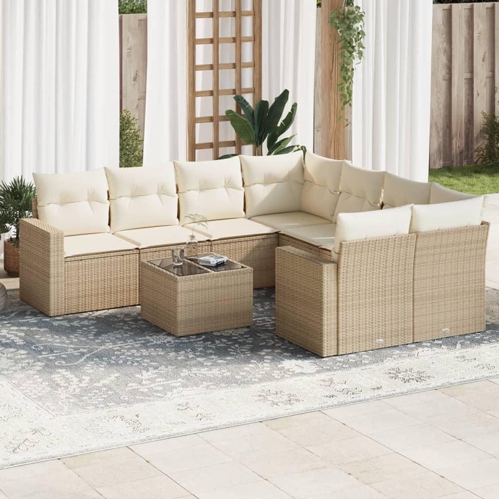 Sofasæt til haven i polyrattan, 9 dele med hynder - beige