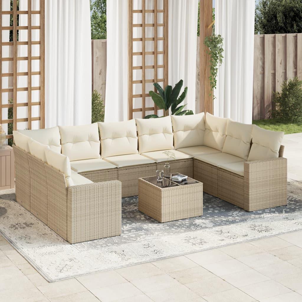 Sofasæt til haven 10 dele i polyrattan med hynder og bord - beige